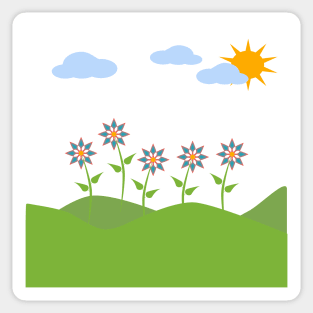 Hills, sky, sun, flowers and clouds depicting a scene of Spring Sticker